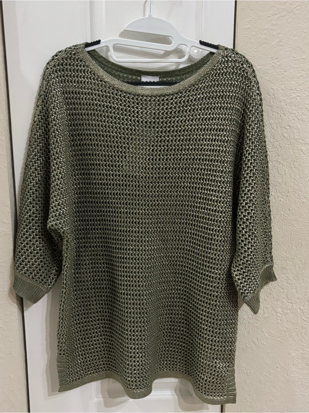 Chico's Olive Open-Knit Crewneck Sweater Tunic